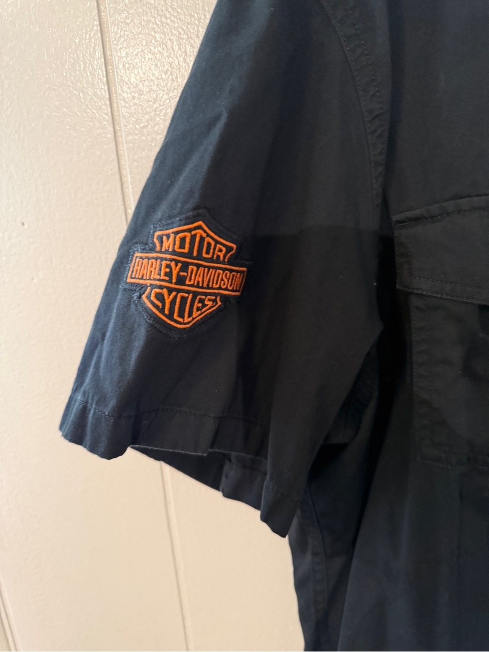 Harley-Davidson Black Short-Sleeve Button-Up Work Shirt with Orange Patch - Picture 3 of 5